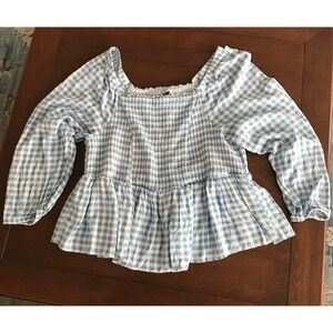 Torrid Blue White Gingham Smocked Peplum Square Neck Long Sleeve Top Plus Size 3
